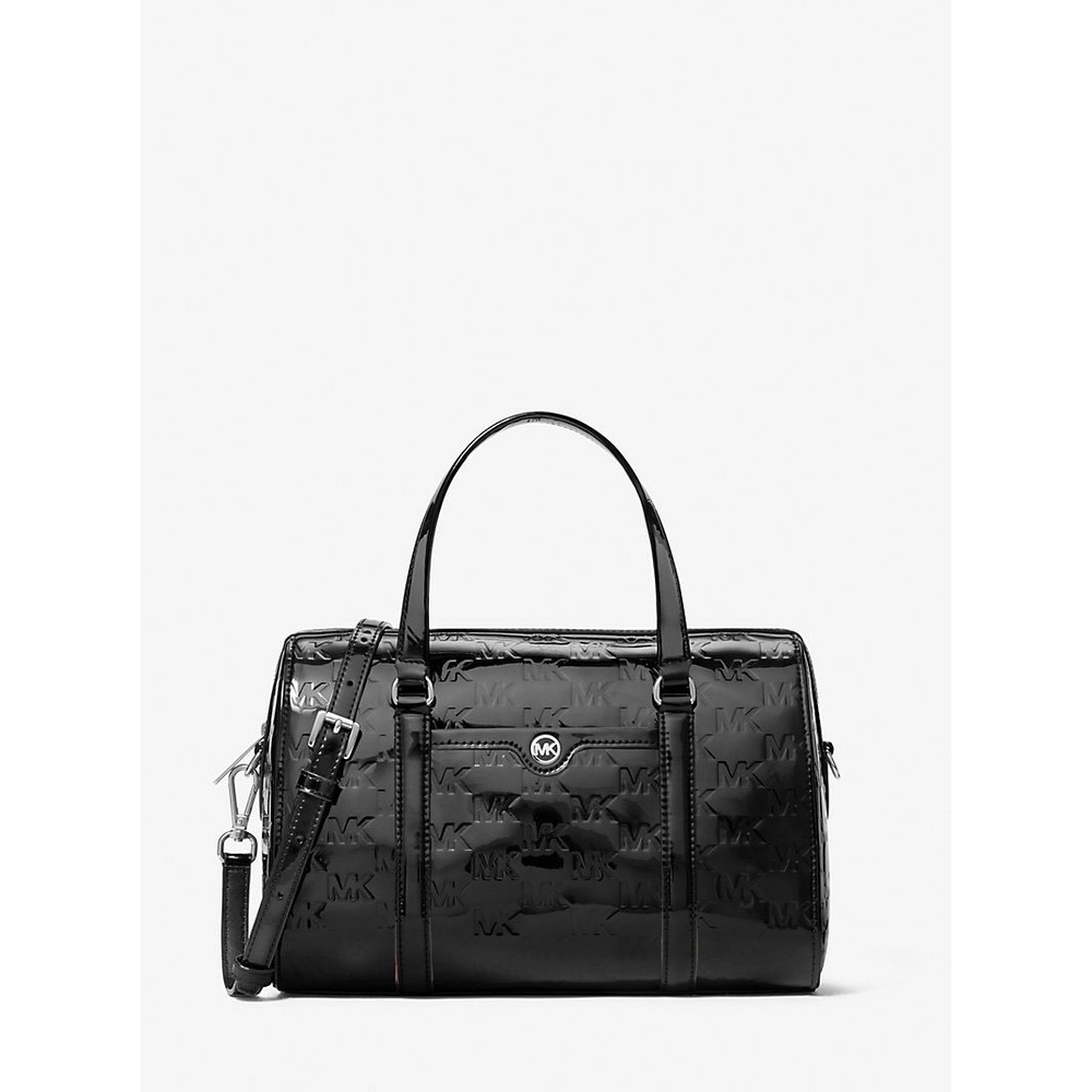 Brand New Michael Kors Patent MK Logo Medium Puffle Duffle Satchel Black NWT